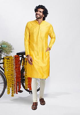 Yellow Embroidered Cotton Blend Kurta Set