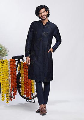 Navy Blue Embroidered Cotton Blend Kurta Set