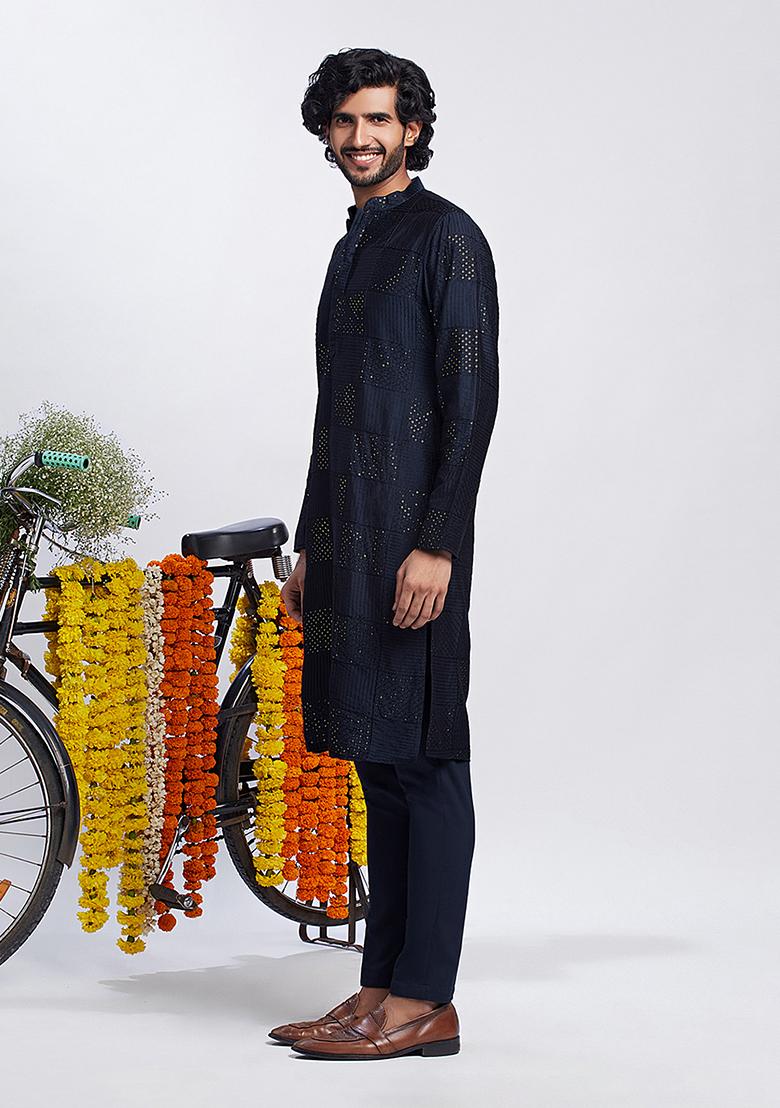 Navy Blue Embroidered Cotton Blend Kurta Set - Indya