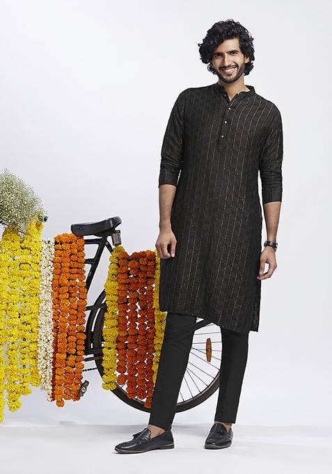 Black Solid Dyed Cotton Blend Kurta Set