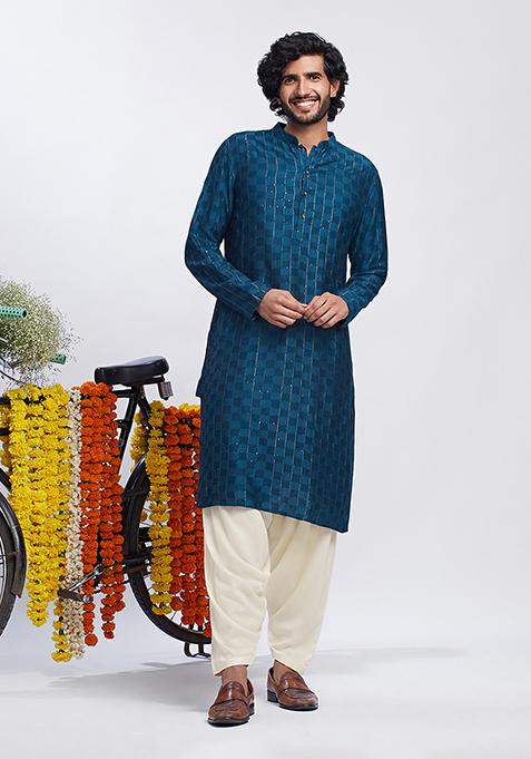 Turquoise Solid Dyed Cotton Blend Kurta Set