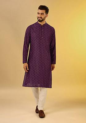 Wine Embroidered Cotton Blend Kurta Set