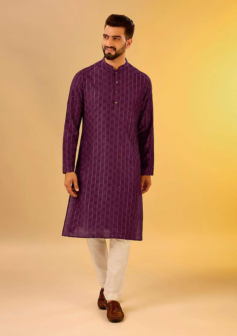 Wine Embroidered Cotton Blend Kurta Set - Indya