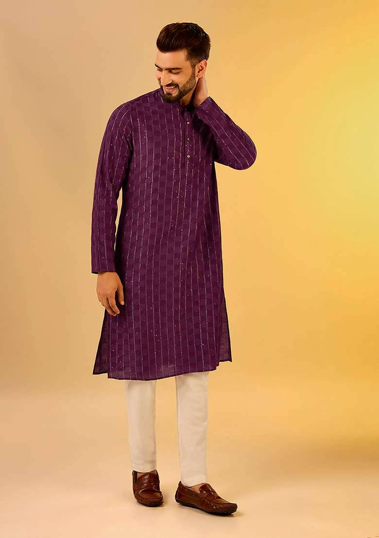 Wine Embroidered Cotton Blend Kurta Set - Indya