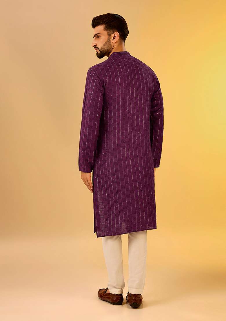 Wine Embroidered Cotton Blend Kurta Set - Indya