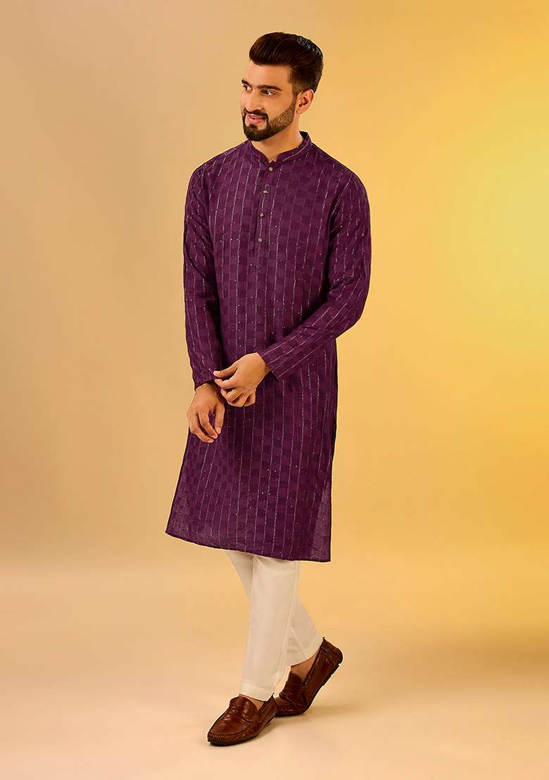 Wine Embroidered Cotton Blend Kurta Set - Indya