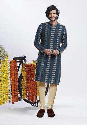 Turquoise Embroidered Cotton Blend Kurta Set