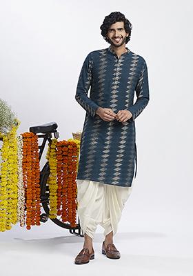 Turquoise Embroidered Cotton Blend Kurta Set