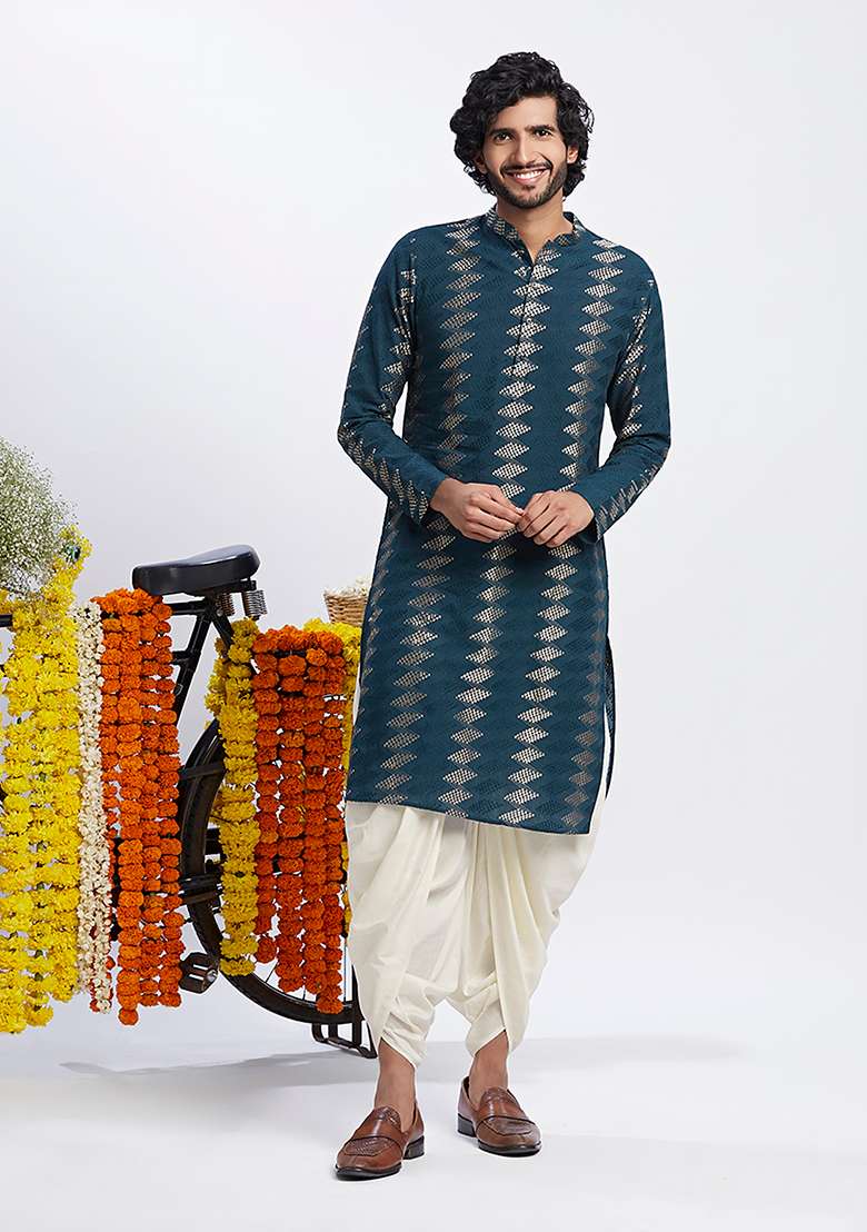 Turquoise Embroidered Cotton Blend Kurta Set - Indya