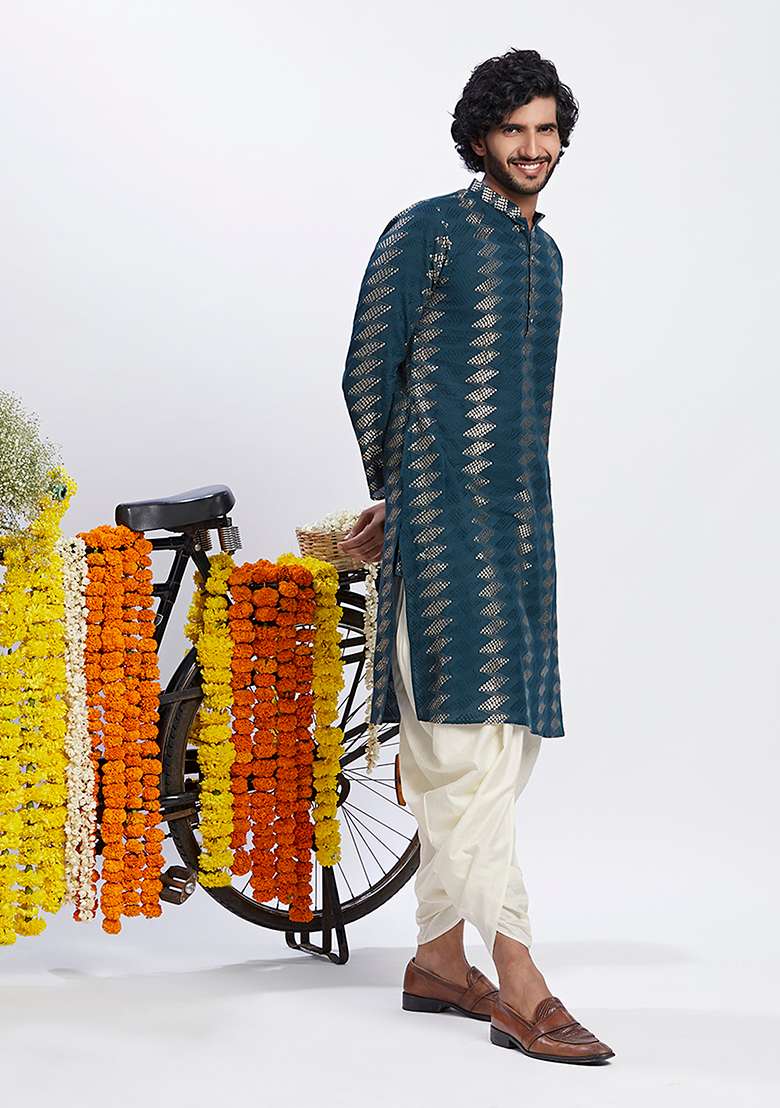 Turquoise Embroidered Cotton Blend Kurta Set - Indya