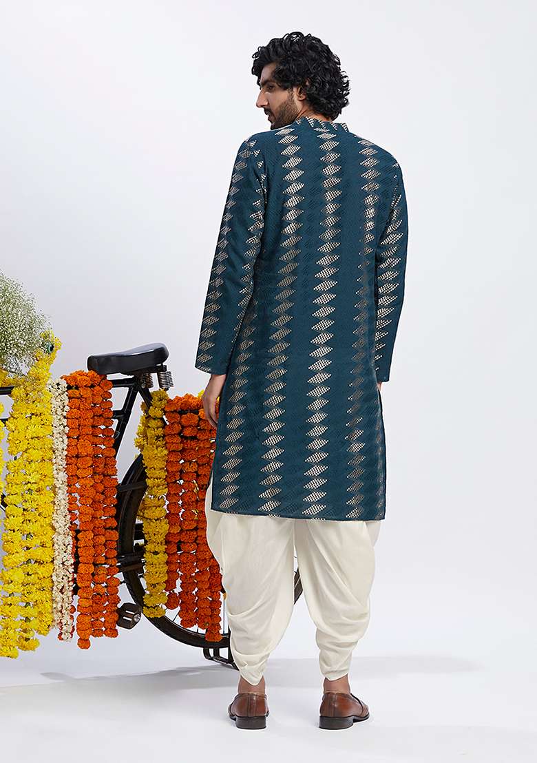 Turquoise Embroidered Cotton Blend Kurta Set - Indya