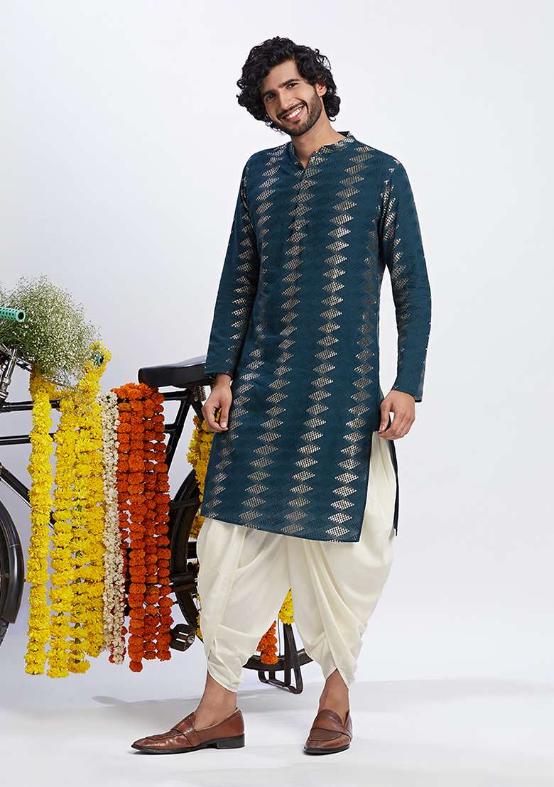 Turquoise Embroidered Cotton Blend Kurta Set - Indya