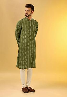 Olive Embroidered Cotton Blend Kurta Set