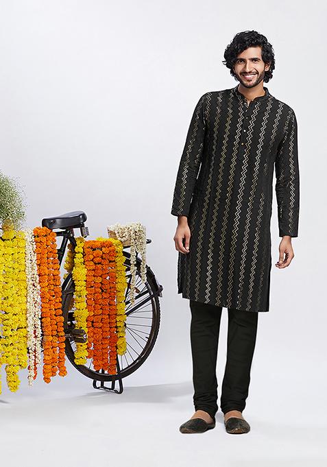 Black Embroidered Cotton Blend Kurta Set