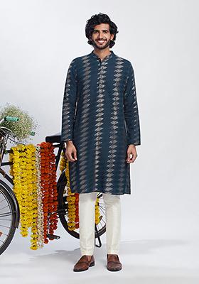 Navy Blue Embroidered Cotton Blend Kurta Set