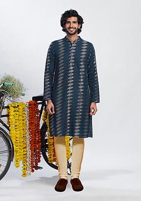 Navy Blue Embroidered Cotton Blend Kurta Set
