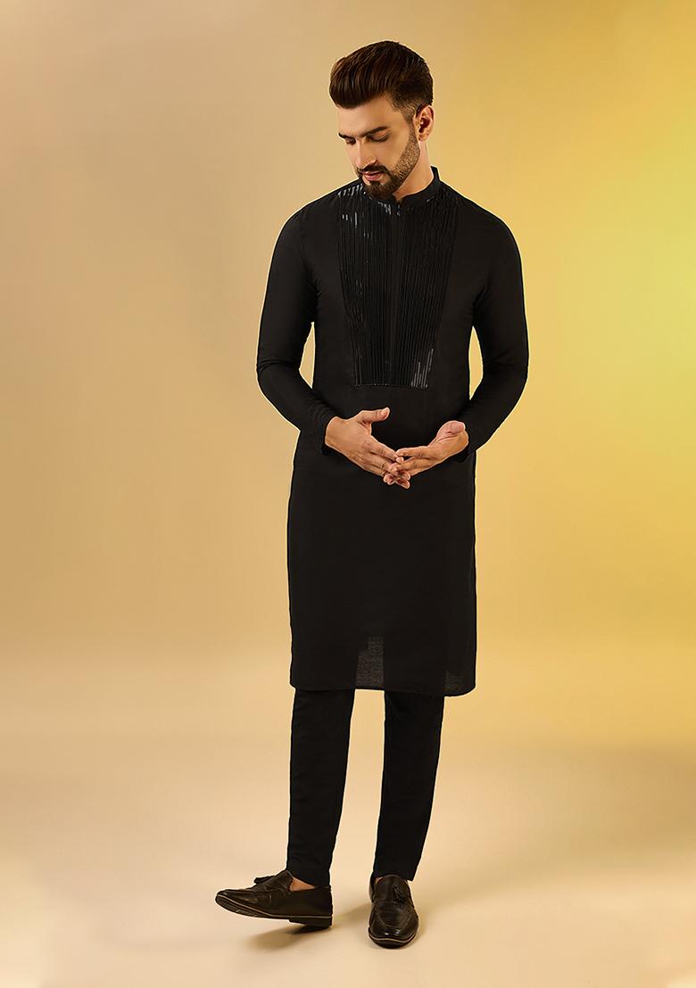 Black Solid Dyed Cotton Blend Kurta Set
