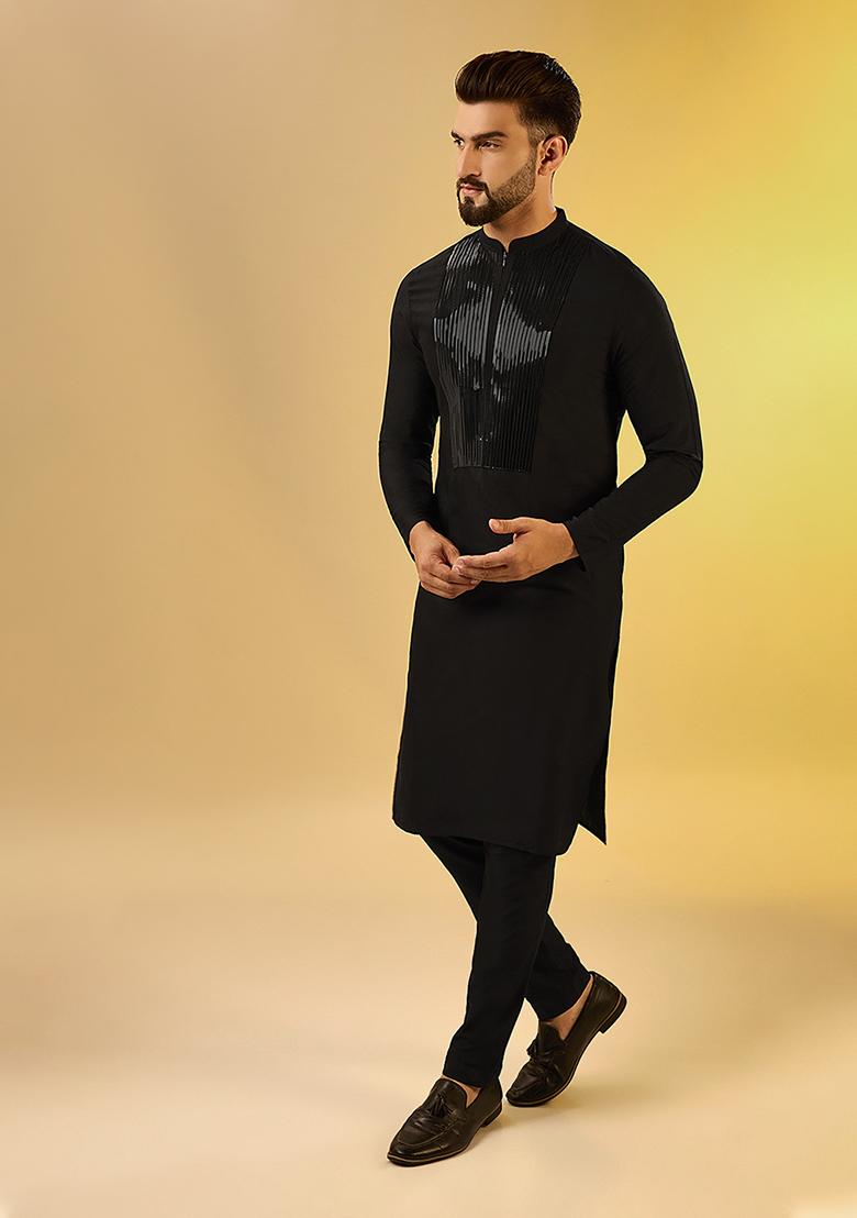Black Solid Dyed Cotton Blend Kurta Set