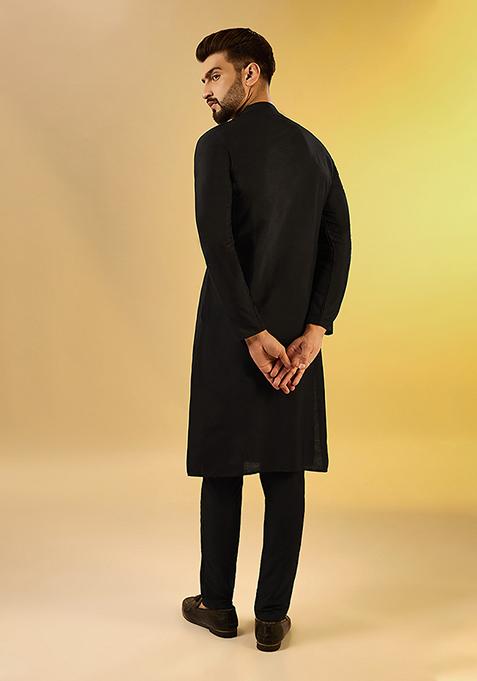 Black Solid Dyed Cotton Blend Kurta Set