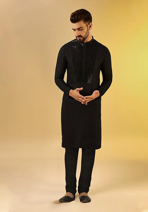 Black Solid Dyed Cotton Blend Kurta Set