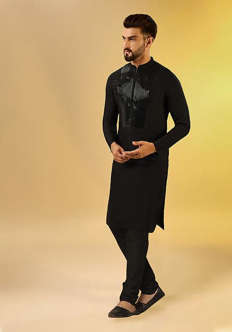 Black Solid Dyed Cotton Blend Kurta Set