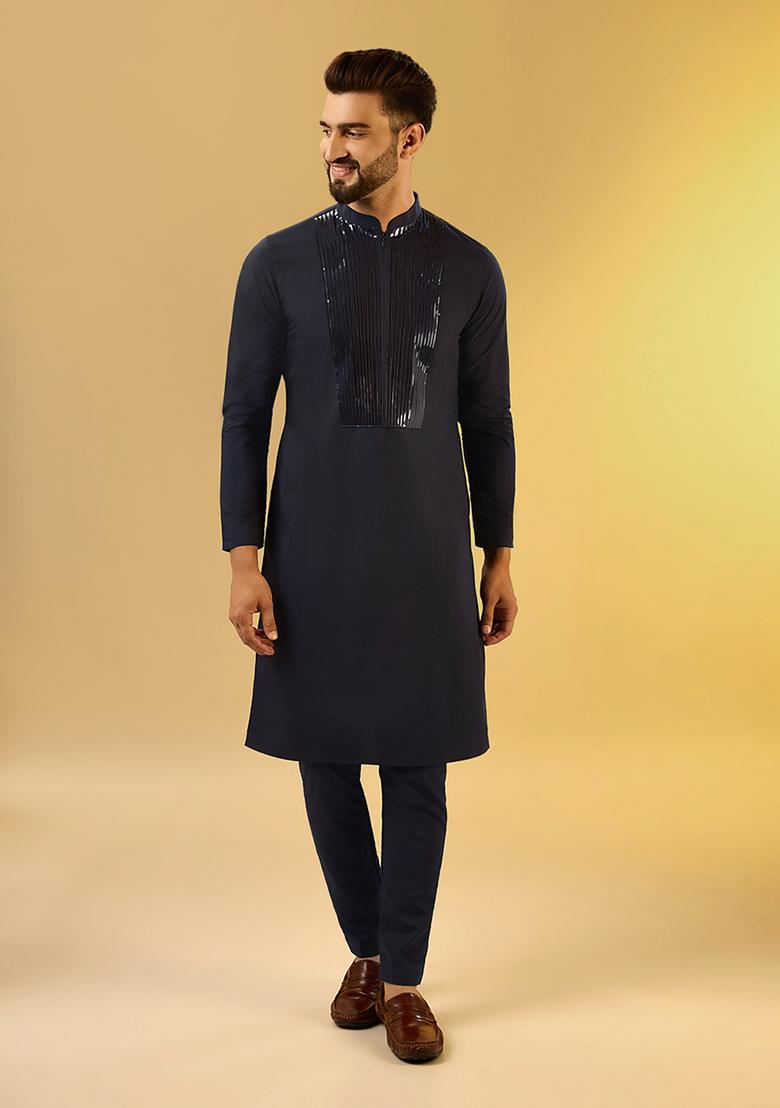 Navy Blue Solid Dyed Cotton Blend Kurta Set