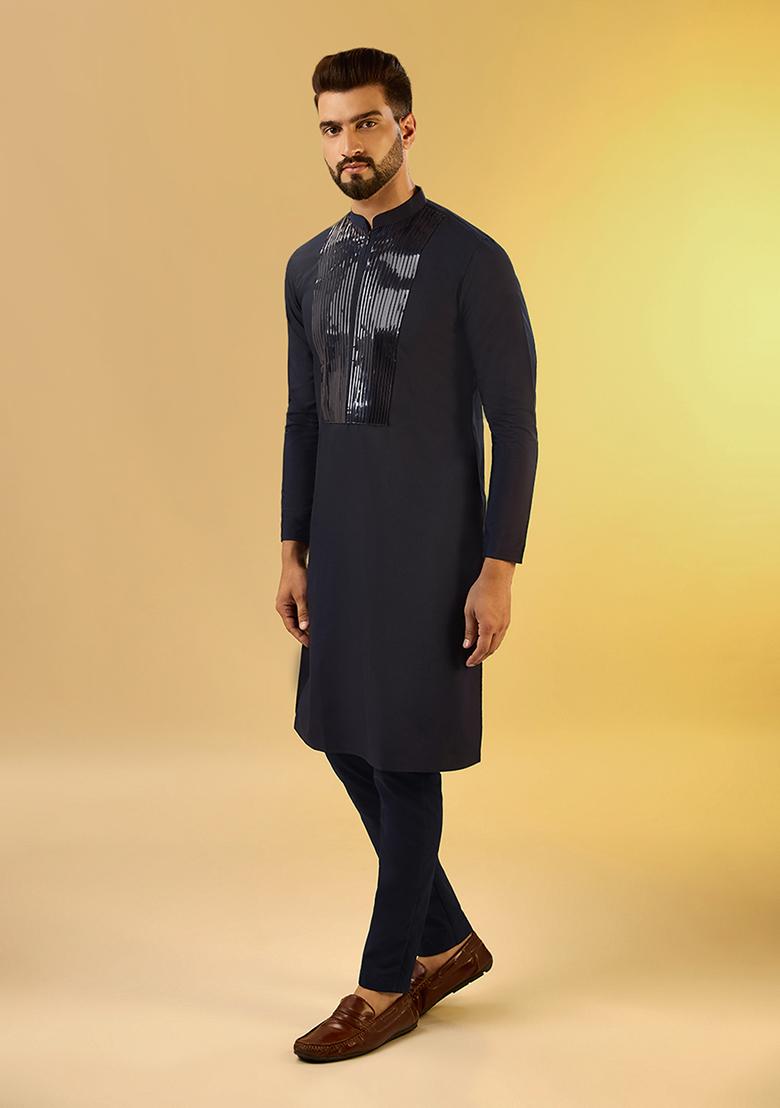 Navy Blue Solid Dyed Cotton Blend Kurta Set - Indya