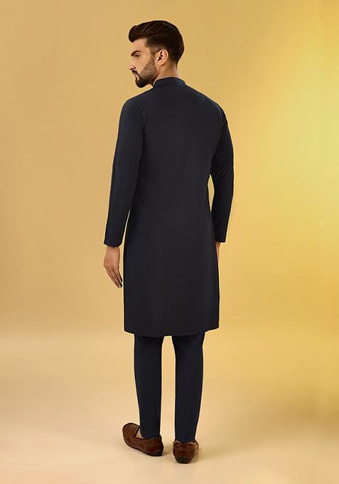 Navy Blue Solid Dyed Cotton Blend Kurta Set