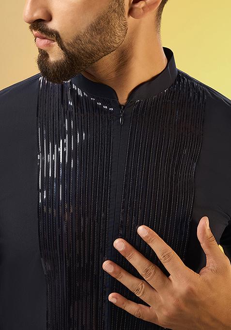 Navy Blue Solid Dyed Cotton Blend Kurta Set