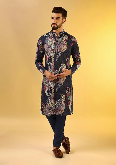 Navy Blue Digital Print Cotton Blend Kurta Set