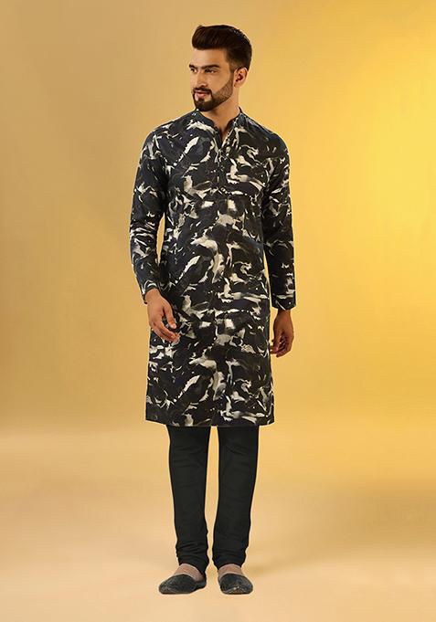 Black Digital Print Cotton Blend Kurta Set