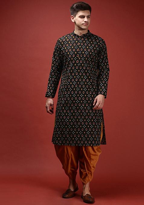Black Printed Cotton Blend Kurta Set
