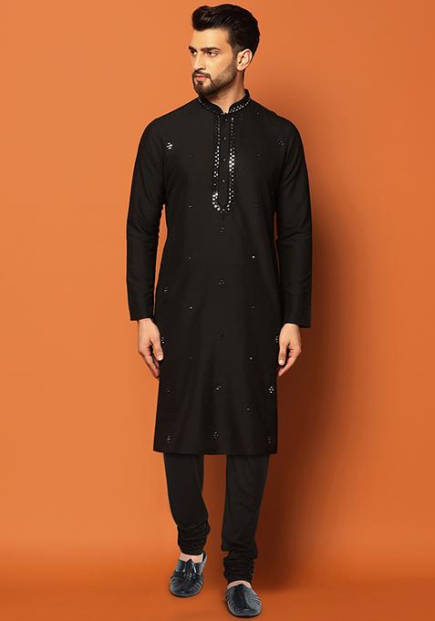 Black Embroidered Cotton Blend Kurta Set