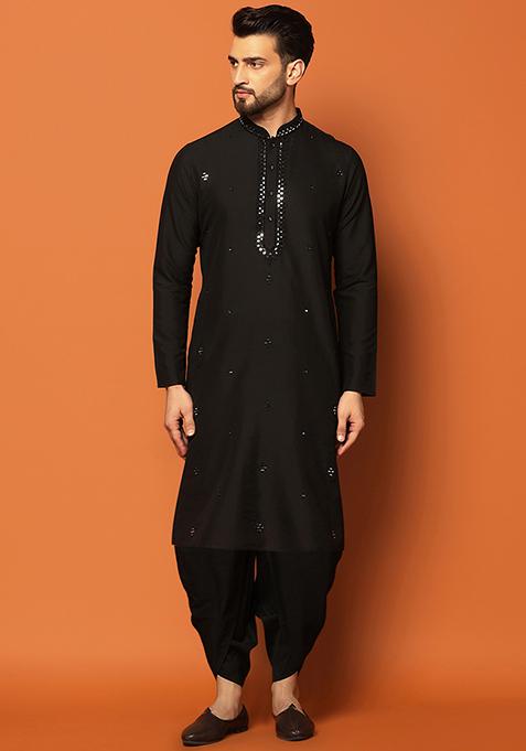 Black Embroidered Cotton Blend Kurta Set