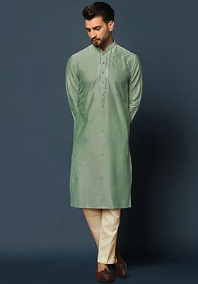 Green Embroidered Cotton Blend Kurta Set