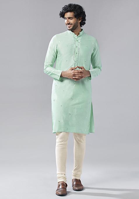 Green Embroidered Cotton Blend Kurta Set