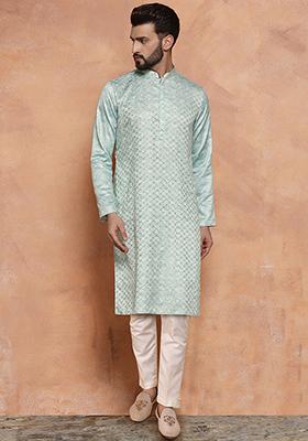 Green Embroidered Silk Blend Kurta Set