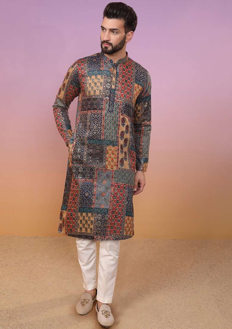 Multicolour Printed Cotton Blend Kurta Set - Indya