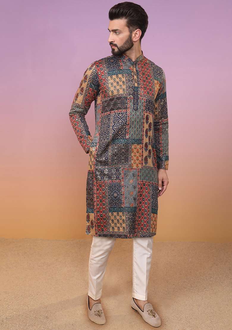 Multicolour Printed Cotton Blend Kurta Set - Indya