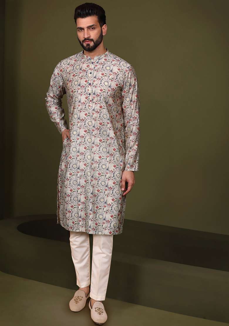White printed Cotton Blend Kurta Set - Indya