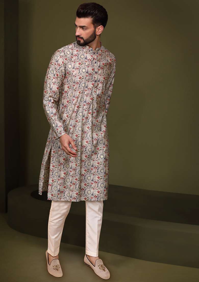 White printed Cotton Blend Kurta Set - Indya