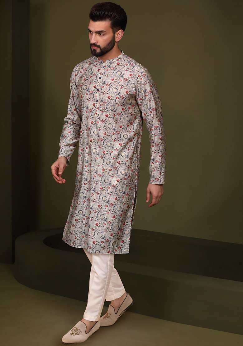 White printed Cotton Blend Kurta Set - Indya