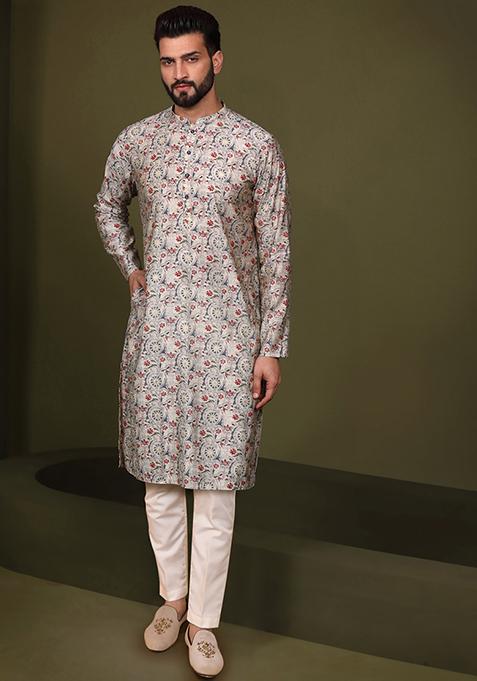 White printed Cotton Blend Kurta Set