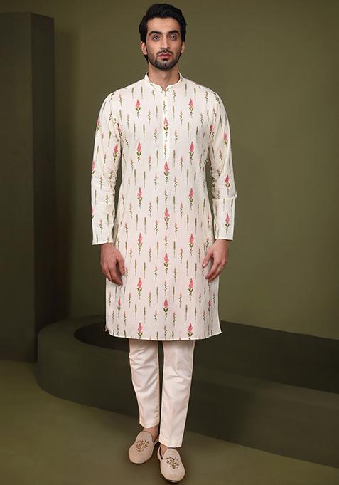 Cream Printed Cotton Blend Kurta Set