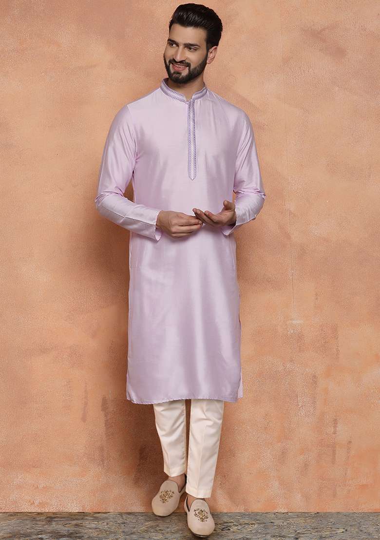 Lavender Solid Dyed Cotton Blend Kurta Set - Indya