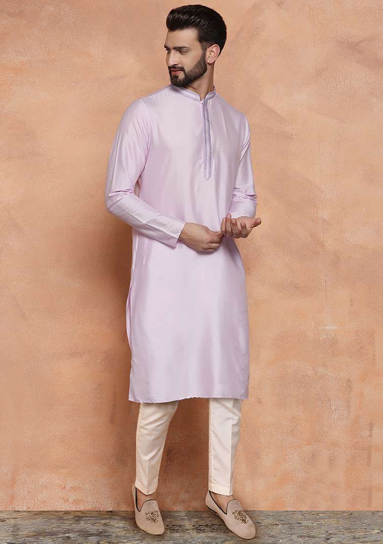 Lavender Solid Dyed Cotton Blend Kurta Set - Indya