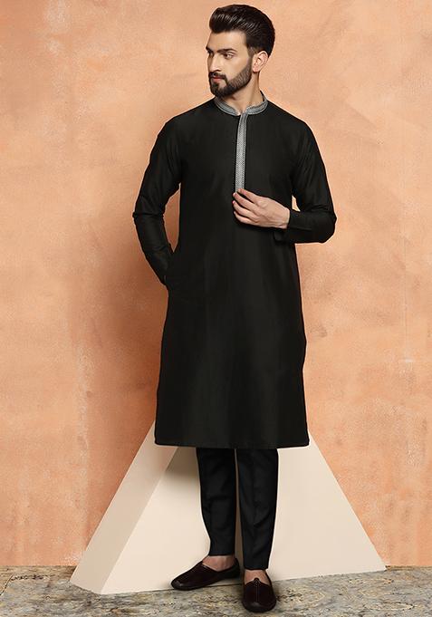 Black Solid Dyed Cotton Blend Kurta Set