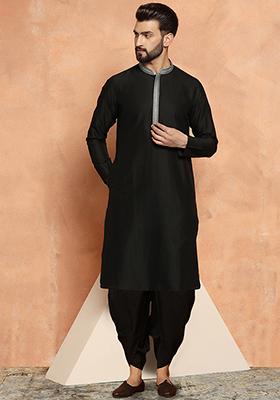 Black Solid Dyed Cotton Blend Kurta Set