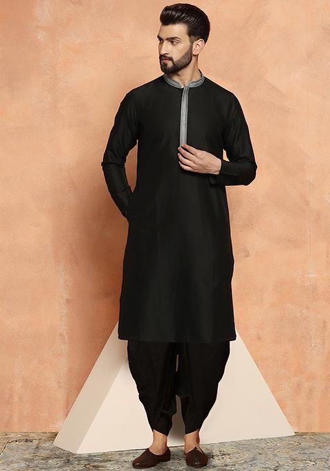 Black Solid Dyed Cotton Blend Kurta Set