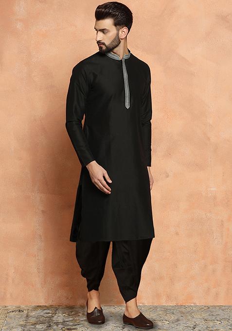 Black Solid Dyed Cotton Blend Kurta Set